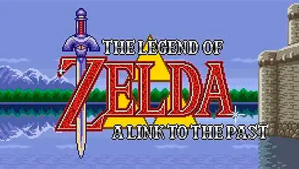 Juego de zelda con un fondo de un paisaje retro y pixelar