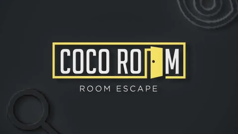 Logo de Coco Room con un fondo negro y una lupa y ojo a la derecha