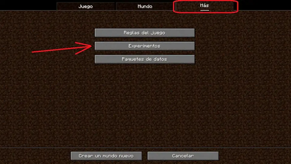 Captura de pantalla de Minecraft con el menu de funciones experimentales activadas