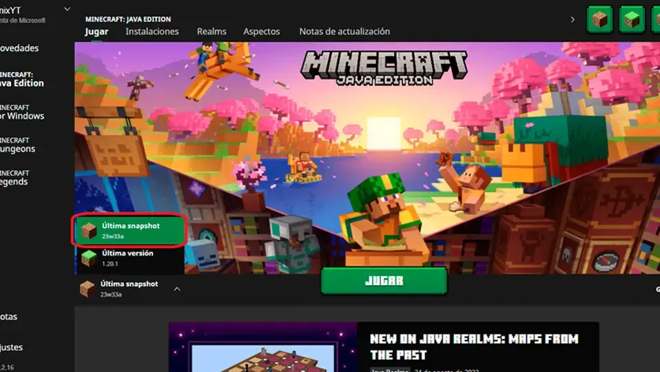 Launcher de minecraft con la ultima snapshot marcado