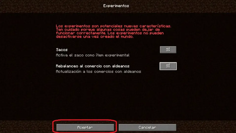 Menu de experimentos de Minecraft con el texto de activar funciones experimentales