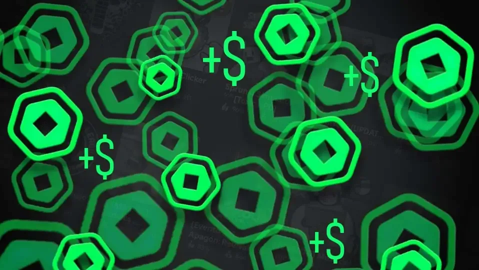 Varios robux en color verde con simbolo de dinero y con fondo oscuro