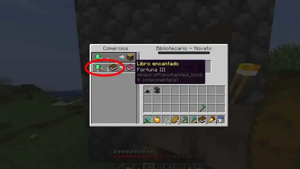 Menu de tradeo con un aldeano de Minecraft con un fondo de un pueblo y con un libro de fortuna III