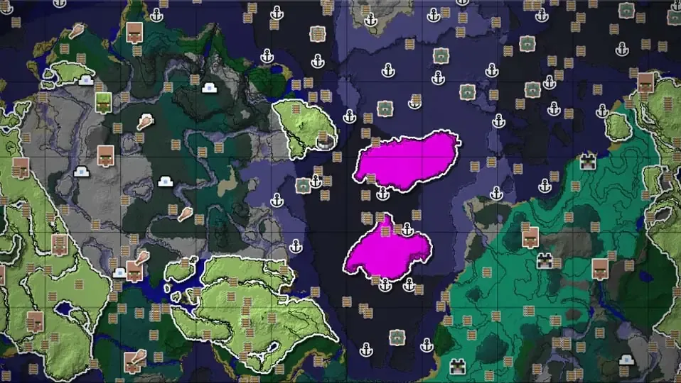 Captura de un mapa de minecraft con estructuras marcadas y biomas resaltados