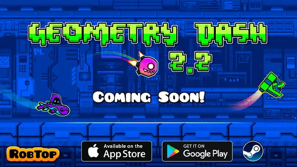 Imagen de Geometry Dash 2.2 con letra de coming soon y un fondo de colores