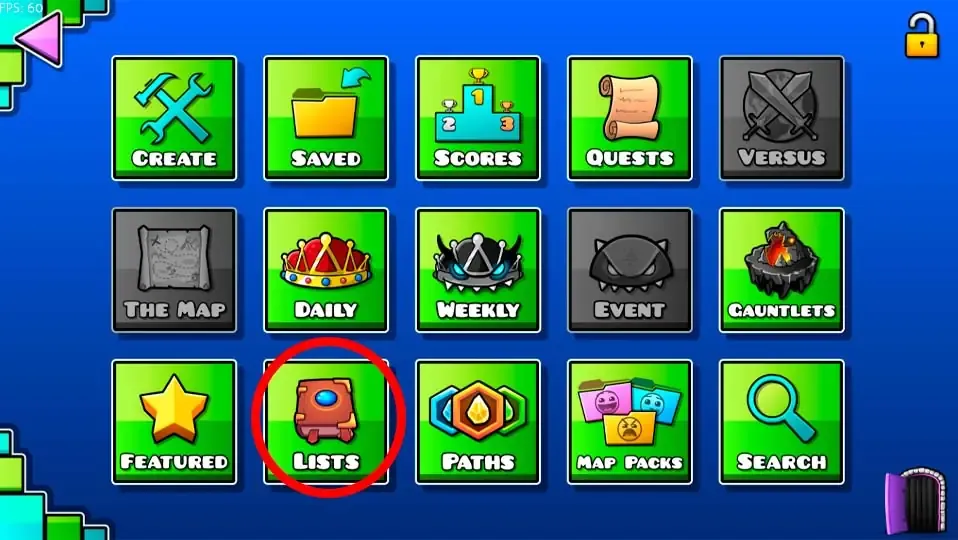 Captura de pantalla de Geometry Dash en el menu con el boton de listas marcado
