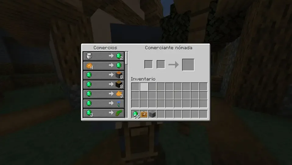 Interfaz de un tradeo con un aldeano de Minecraft con un fondo de un pueblo