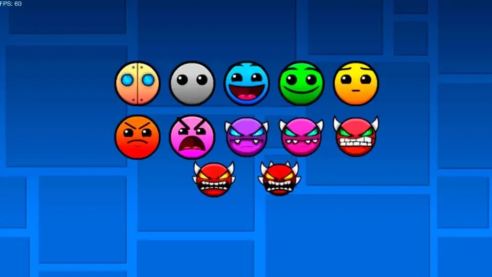 Todas las caras de dificultad de Geometry Dash con un fondo de colores