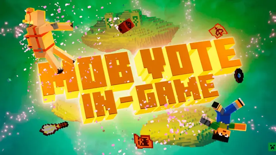 Imagen con la palabras de Mob Vote in game y con un fondo de islas de Minecraft