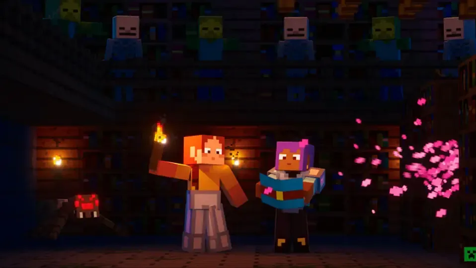 Dos jugadores en una estructura de Minecraft con un fondo oscuro