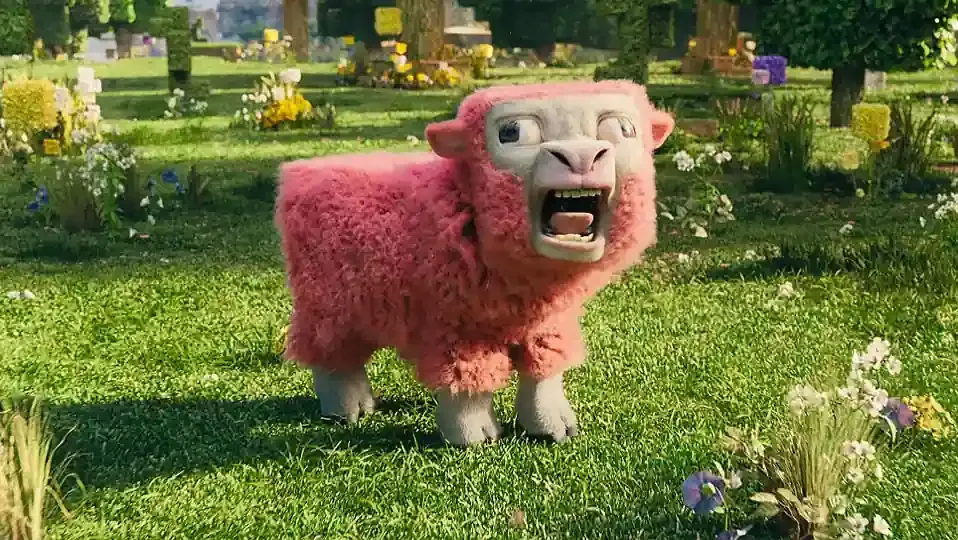 Captura de pantalla del trailer de la película de Minecraft con la oveja rosa
